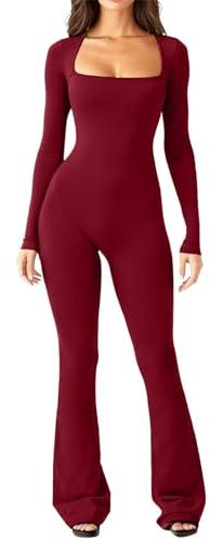 Jumpsuit Damen Langarm Flared Jumpsuit hohe elastische Bodysuit Eng Yoga Sport Bodycon Romper Ganzkörperanzug Rot S