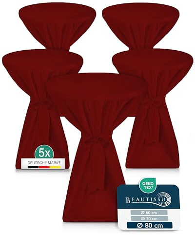 Beautissu 5X Premium Stehtischhusse Blickdicht rutschfest bügelfrei | Ø80-85cm Bordeaux 40°C waschbar Stehtischüberzug Husse für Stehtisch Bistrotisch Bartisch Gastronomie Hochzeit Deko Premium L