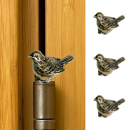 Waveaura Mini Brass Sparrow 3 Pcs Door Hinge Heads Decorative Topper Magnetic Vintage Animal Theme Little Hinge Pin Head Cute Ornament Small Home Decoration Hinge Caps