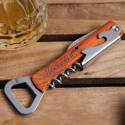 Personalized Engraved Name Multi-Functional 4 in 1 Stainless Bottle Red Wine Opener, Custom Wooden Handle Beer Bottle Opener, Tools and Gifts for Wine Enthusiasts