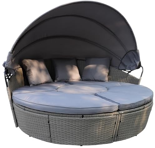 Calma Lux® Poly Rattan Sonneninsel XL mit faltbarem Sonnendach Ø 180/210 cm inkl. Auflagen Kissen, Lounge Sonnenliege Gartenmuschel (Grau, Dia 210)