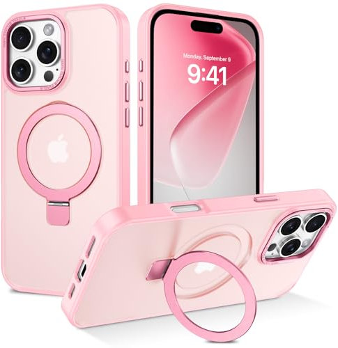YINLAI Coque pour iPhone 16 Pro Max avec Support, Magnétique Compatible avec MagSafe, Étui Translucide Mat Arrière Housse de Protection Antichoc Dos Anti-Rayures Case pour iPhone 16 Pro Max 6.9, Rose