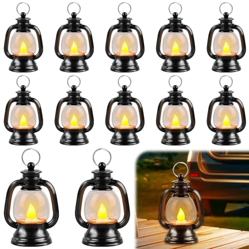 Aicharynic Mini Laterne LED: 12 Stück Schwarz Retro Laterne, Kleine Latern Halloween Deko, Tischdeko LED Weihnachtslaterne DekorativLaterne für Halloween für Weihnachten und Festdekoration (Schwarz)