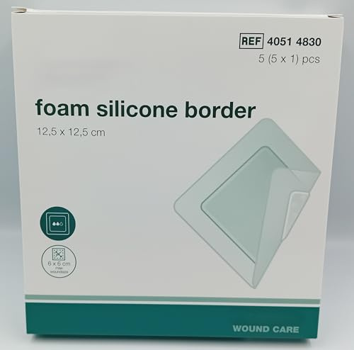 Foam Silicone Border Dressings – Soft Adhesive Pads, Box of 5 (12.5cm x 12.5cm)