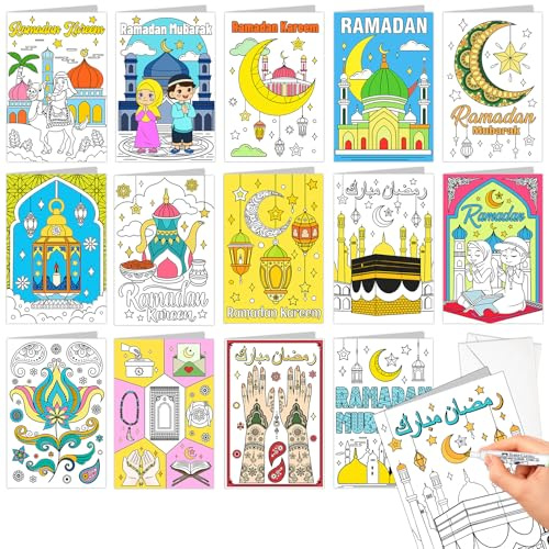 DPKOW Kids Colouring Ramadan Cards with Envelopes, 14 x Colouring Greeting Cards Ramadan Mubarak Crafting DIY Kids, Moon Star Mosque Floral Islamic Art Teapot Muslim Prayer Mat Camel Palm