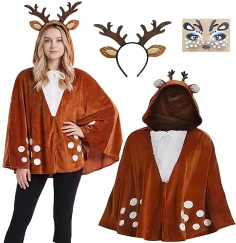 HarnyLoom Reh Kostüm Damen Rentier Cape Erwachsene Reh Bambi Geweih Haarreifen mit Ohren Reh Tier Karneval Kostüm Damen für Fasching Weihnachten Mottoparty