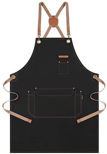 Genixart Chef Apron Men Women, Kitchen Aprons Cooking, BBQ - BLACK