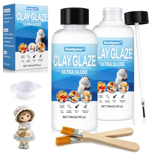 Soodyoow 2 Stück Glasur für Ton Lufttrocknend, 200ml Air Dry Clay Glaze Tonlack, Klarlack für Modelliermasse, Ultra Glanz Finish Keramikglasur, für Keramik, Ölmalerei, Holz, Wasserdicht