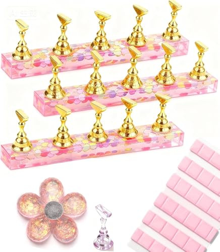Nail Stand for Press On Nails, 3 Set Acrylic Nail Holders for Painting, Magnetic Nail Display Stand for Nail Tips, Nail Practice Holders, Nail Painting Stand (pink)