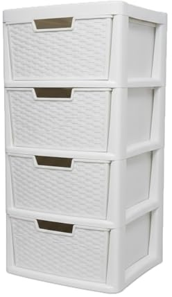ALEEZ - Large Plastic Drawer Storage Unit - Rattan Effect 4 Drawer Cabinet - Multipurpose Storage Organiser - Office, Tabletop Desktop Drawer - Bedroom Chest Drawer Unit - (White, 4 Drawer)