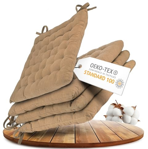 Gräfenstayn® 4er-Set Baumwoll-Sitzkissen 40x40x5cm mit Haltebändern für Indoor und Outdoor mit Öko-Tex Siegel - (Beige)