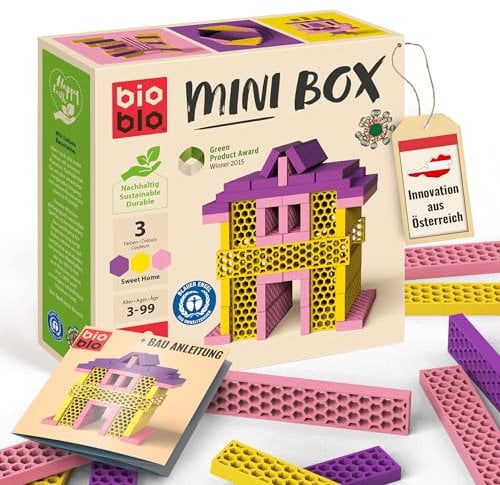 bioblo Mini Box Sweet Home Mix 40 Stück, Nachhaltige Bauklötze für Kinder ab 3 Jahren, Bunte Holzbausteine Kinderspielzeug, STEM Montessori Spielzeug für Stapel- & Balancierspiele