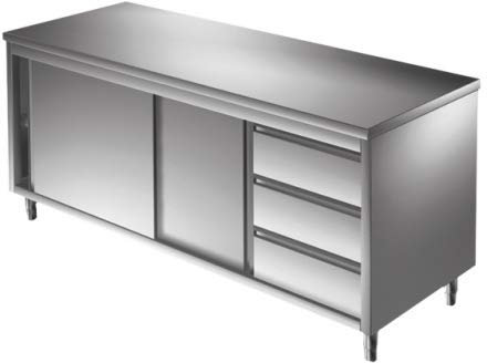 VM Europa - Edelstahl Arbeitsschrank - 100 x 60 cm - AISI 430 Legierung - Mit Schiebetüren - Schubladenblock rechts - Küchenmöbel Gastro Schrank Edelstahlschrank Grillschrank