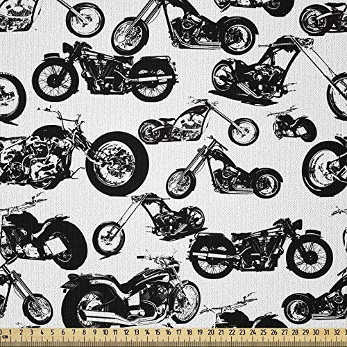 ABAKUHAUS Motorrad Stoff als Meterware, Retro Chopper Entwurf, Microfaser Stoff für Dekoratives Basteln, 1M (230x100cm), Weiß und Schwarz
