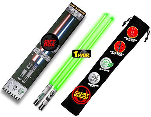 LIGHTSABER CHOPSTICKS LIGHT UP STAR WARS LED Glowing Light Saber Chop Sticks REUSABLE Sushi Lightup Sabers Removable Handle Dishwasher Safe Green 1 Pair