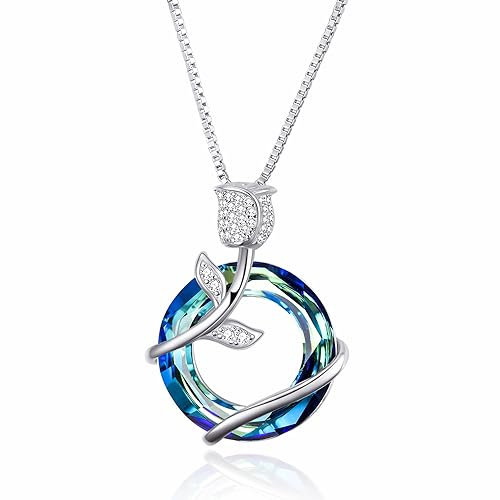 AOBOCO 925 Sterling Silver Rose Flower Pendant Necklace Colorful Crystal Jewellery for Women Girls Mothers Day Wedding Birthday Gifts