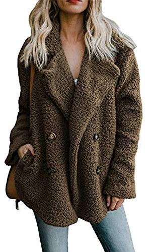 YMING Ladies Warm Jacket Long Sleeve Faux Fur Outwear Wool Blend Outwear Faux Fur Coat Brown M