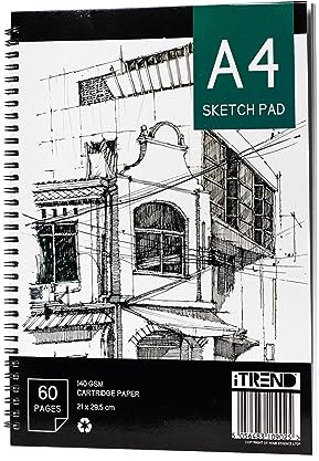 iTrend A4 Artist Sketch Book - Spiral Sketchbook - White Cartridge Art Drawing Paper - A4 60 Pages Sketch Pad - 140GSM Cartridge Paper - 21 x 29.5cm
