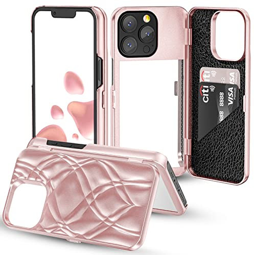 W7ETBEN iPhone 13 Pro Max Wallet Case, iPhone 13 Pro Max Case with Kickstand Built-in Mirror Shockproof Card Holder Cover for Apple iPhone 13 Pro Max (2021) 6.7 Inch (Rose Gold)