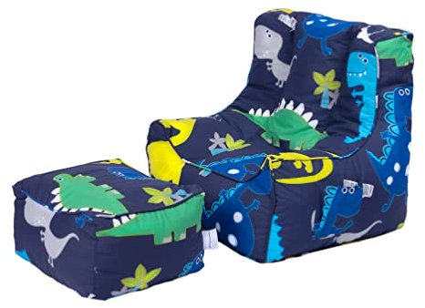 Ready Steady Bed Kinder-Sitzsack mit Fußhocker, sicherer weicher Sitz, Spielzimmer-Sofa, ergonomisch geformter Kleinkind-Sessel, bequeme Kindermöbel (Dino Dark)