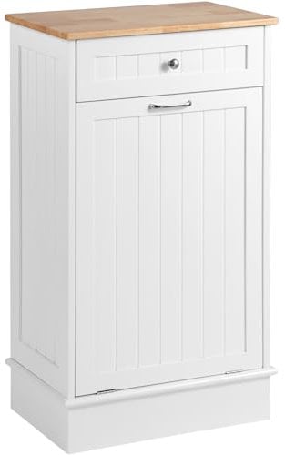 KIGOTY Tilt Out Trash Bin Cabinet, Free Standing Kitchen Trash Can Holder with Hideaway Drawer and Countertop Space, Wooden Recycling Trash Cabinet Laundry Hamper for Home Office Restaurant, White