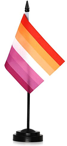 Anley Sunset Lesbian Pride Deluxe Tischflaggen-Set – 15,2 x 10,2 cm Miniatur-Desktop-Flagge mit 30,5 cm massiver Stange – lebendige Farbe und lichtbeständig – schwarze Basis und Speerspitze