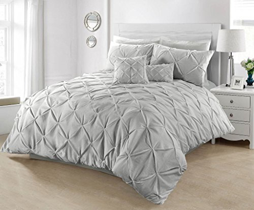 SeventhStitch Pintuck Duvet Cover with Pillowcases Luxury 100% Percale Cotton Quilt Bedding Covers Single Double King Super King Size Bed Sets (Super King, Grey Silver)
