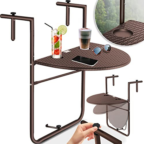 KESSER® - Mesa Colgante de balcón Plegable para barandilla de balcón, Ajustable en 3 Alturas, Resistente a la Intemperie, 2 Espacios para Bebidas (Ancho x Profundidad): 62 x 60 cm, Color marrón