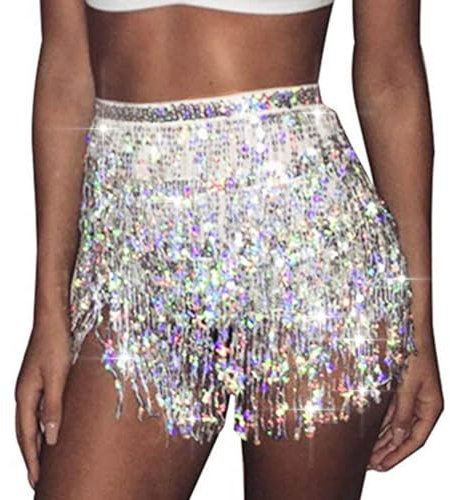 Ushiny Sparkle Paillette Fringe Mini Röcke Sparkly Tassel Rave Kostüm Festvial Shorts für Damen