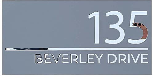 Print Maniacs Personalised House Number Plaques Matt Grey and Silver Mirror Floating Door Number Gate Street Address Road Name Modern Plate Plaque Custom Sign (40x20cm)