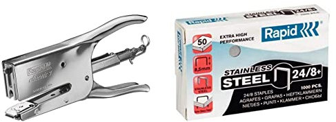 Rapid 10510601 Heftzange K1 (Metall, Heftleistung 50 Blatt, Heftklammerntyp 24) chrom & 24858300 Heftklammern 24/8mm Super Strong, rostfrei, 1000 Stück