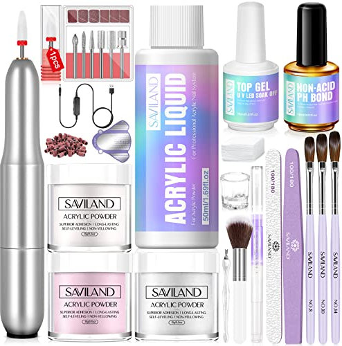 Saviland Upgraded Acrylic Nail Kit for Beginners: 3 Colours Acrylic Powder and Liquid with Drill, Brushes Top Gel Non-acid PH Bond Primer Nail Art Manicure Women Gift Sets