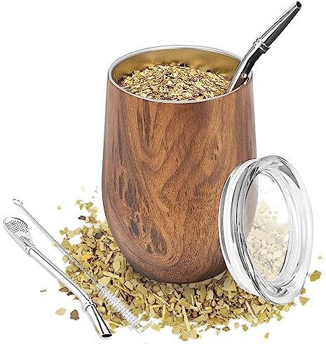 TELANKS Mate Becher, 340 ml Teetassen Set, Edelstahl doppelwand isolier Enthält Bombillas und eine Reinigungsbürste, Mate Teetasse mit BPA-freiem Deckel (holz)