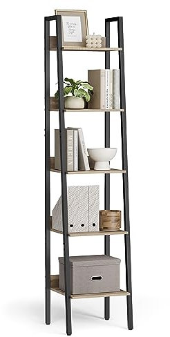 VASAGLE LLS109B50V2 5 Tier Narrow Ladder Shelf for Home Office, Living Room, Bedroom, Kitchen, Industrial, Camel Brown and Ink Black