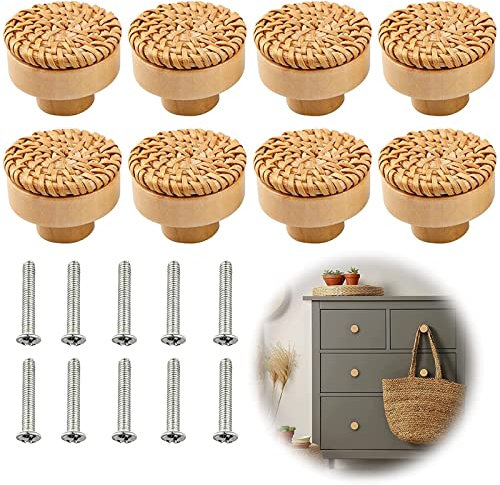 RUNEAY Tiradores de Ratán para Cajones y Armarios - 8 Piezas, 40mm, Pomos de Madera para Cocina, Muebles, Aparador (Φ40mm)