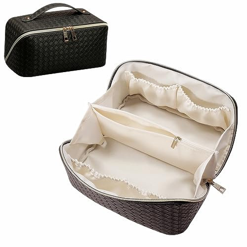 Make Up Tasche Damen Groß Cosmetic Bag Reise Kosmetiktasche Schminktasche Organizer Kosmetiktasche Travel Wasserdichter Lede-Organizer(Schwarz)