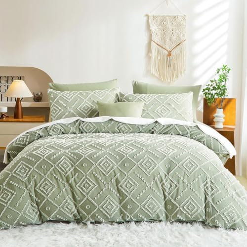 Lanqinglv Getuftet Bettwäsche 200x220cm Grün Boho Geometrische Vintage Wendebettwäsche Set aus Microfaser Shabby Chic Bohemian Bettbezug mit Reißverschluss und 2 Kissenbezug 80x80cm