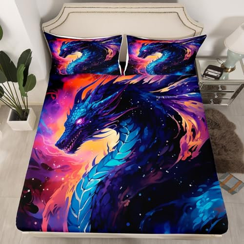 Castle Fairy Drachen-Spannbettlaken, Doppelbettgröße, Aquarell-Rot, Blau, Galaxie-Bettwäsche-Set für Kinder, Jungen, Mädchen, Erwachsenenzimmerdekoration, 3D-Tiere, Bettlaken mit westlichem