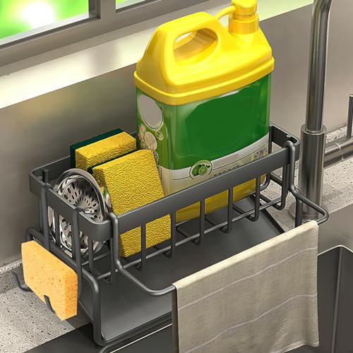 Kitchen Sink Caddy Organiser, Kitchen Sink Organiser with 45° Inclined Drain Tray, Sink Caddy Cleaning Products Organiser with 2 Removable Hanging Rods, for Storage Sponge,Brush,Rag,Dish Soap