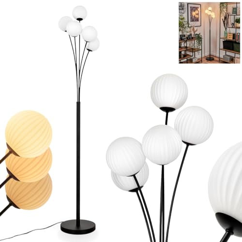 Stehleuchte Bernado, Stehlampe aus Metall/Riffelglas in Schwarz/Weiß, Leuchte im modernen Retro/Vintage-Design mit Schirmen aus Glas (Ø 12 cm), dimmbar über Fußschalter, 5 x G9, ohne Leuchtmittel