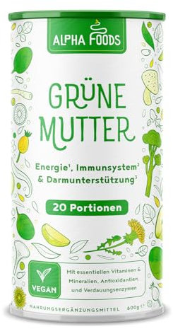 Grüne Mutter 2.0 - Das Original - Greens Shake - Akazienfaserpulver, Weizengras, Brennnessel, Mariendistel, Alfalfa, Chlorella und mehr - Smoothie Shake - 600g Pulver - Alpha Foods