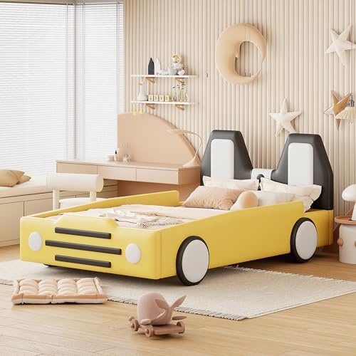ACQCA Doppelbett, Rennwagenbett für Kinder, PU-Bettgestell in Autoform, mit Rädern und Seitenschienen für Jungen, Mädchen, Holzlattenstütze, kein Boxspringbett erforderlich, Gelb