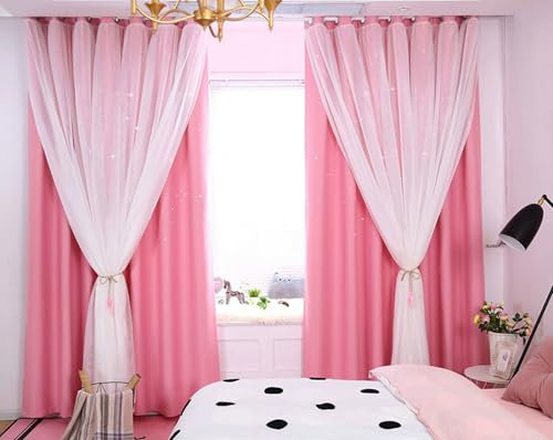 Homxi Lichtdichte Vorhänge Kinder 2er Set,2 x 86W x 160H cm,Gardinen Vorhänge Blickdicht Rosa Einfarbig mit Hohl Stern Ösen Gardinen