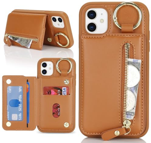 Havaya Coque pour iPhone 11 avec Porte Carte Etui für iPhone 11 avec Mousqueton Porte clé Portefeuille Homme Cuir zippé Housse Rabat avec Anneau - Marron