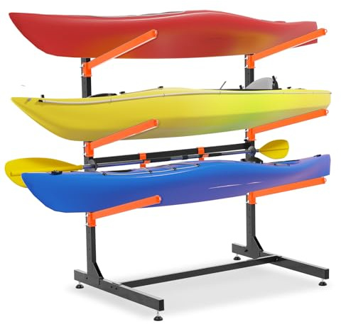 UOKRR 3 Kayak Storage Rack, Freestanding Kayak Racks for Garage, Heavy Duty Adjustable Kayak Stand Indoor Outdoor Storage Rack for Kayaks, Canoes, Surfboard & Paddleboard (3 Levels with paddle hook)