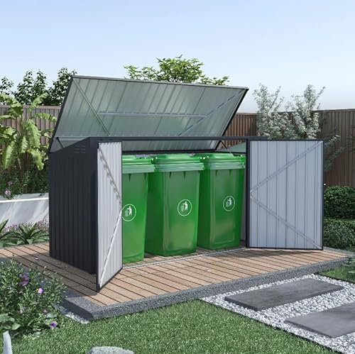 BillyOh Metal Shed Garbage Triple Wheelie Bin Storage Box, Galvanised Steel Outdoor Shed Storage Bins with Lockable Double Doors, Pneumatic Lift Lid, and Vents for Airflow – Ideal for Rubbish Bins