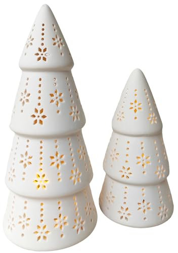 Christmas Tree Lighted Table Decorations - Set of Two White Tabletop Ceramic Christmas Tree Figurine Decorations Indoor That Light Up, Snowflakes and Cutout Porcelain Christmas Tree with Lights