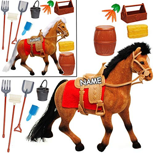 alles-meine.de GmbH 11 TLG. Spielzeugset: großes Pferd + Zubehör - inkl. Name - mit abnehmbaren Sattel - Pferdeset - 18 cm hoch - Bauernhofset - zum Reiten für Spielzeug Puppen /..