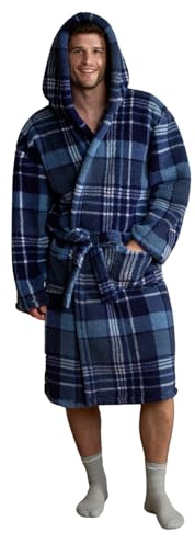 OHS Teddy Fleece Dressing Gown Womens Men Tartan Check Plush Soft Hooded Bathrobe Cosy Loungewear Robe
