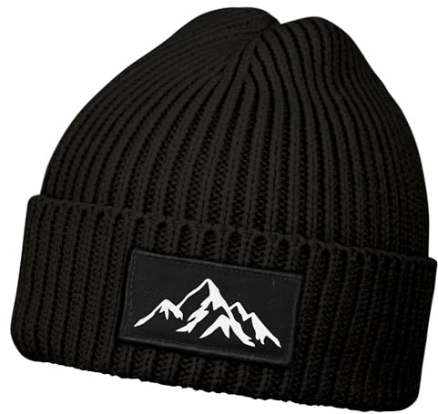 Neverless® Herren Beanie Wintermütze mit Patch Berge Mountain Aufdruck Print Strickmütze mit Umschlag Rippstrick